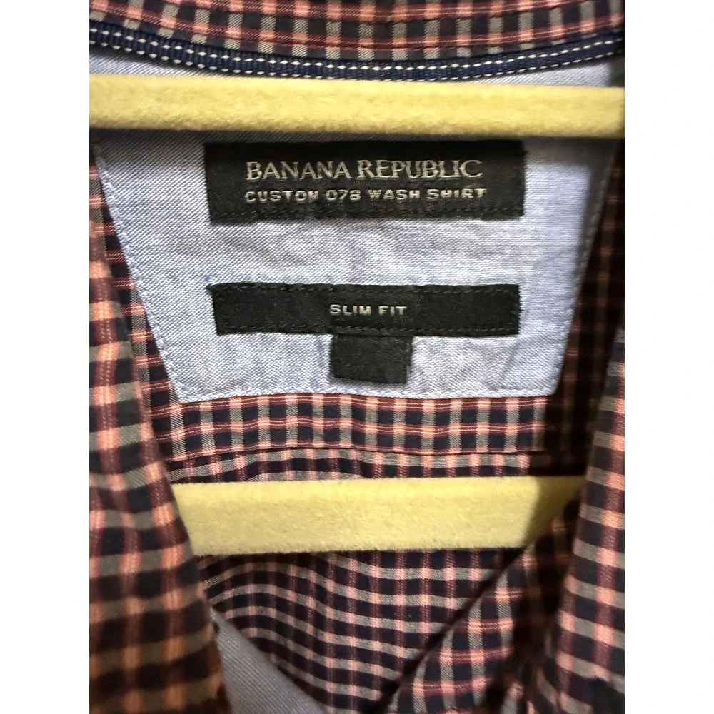 Banana Republic Slim Fit Custom 078 Gingham Shirt Mens L Navy Rust Orange Cotton